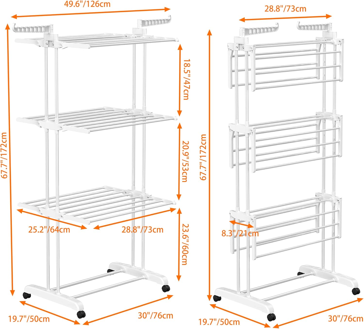HOMIDEC 4-Tier Foldable Clothes Drying Rack – Stainless Steel, Movable with 4 Wheels