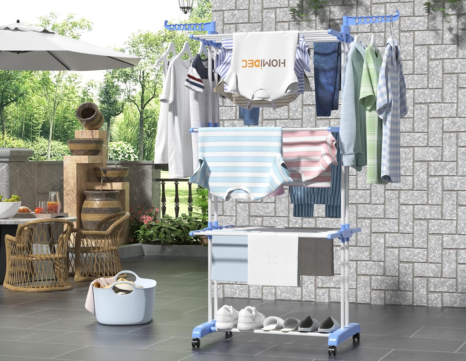 HOMIDEC 4-Tier Foldable Clothes Drying Rack – Stainless Steel, Movable with 4 Wheels